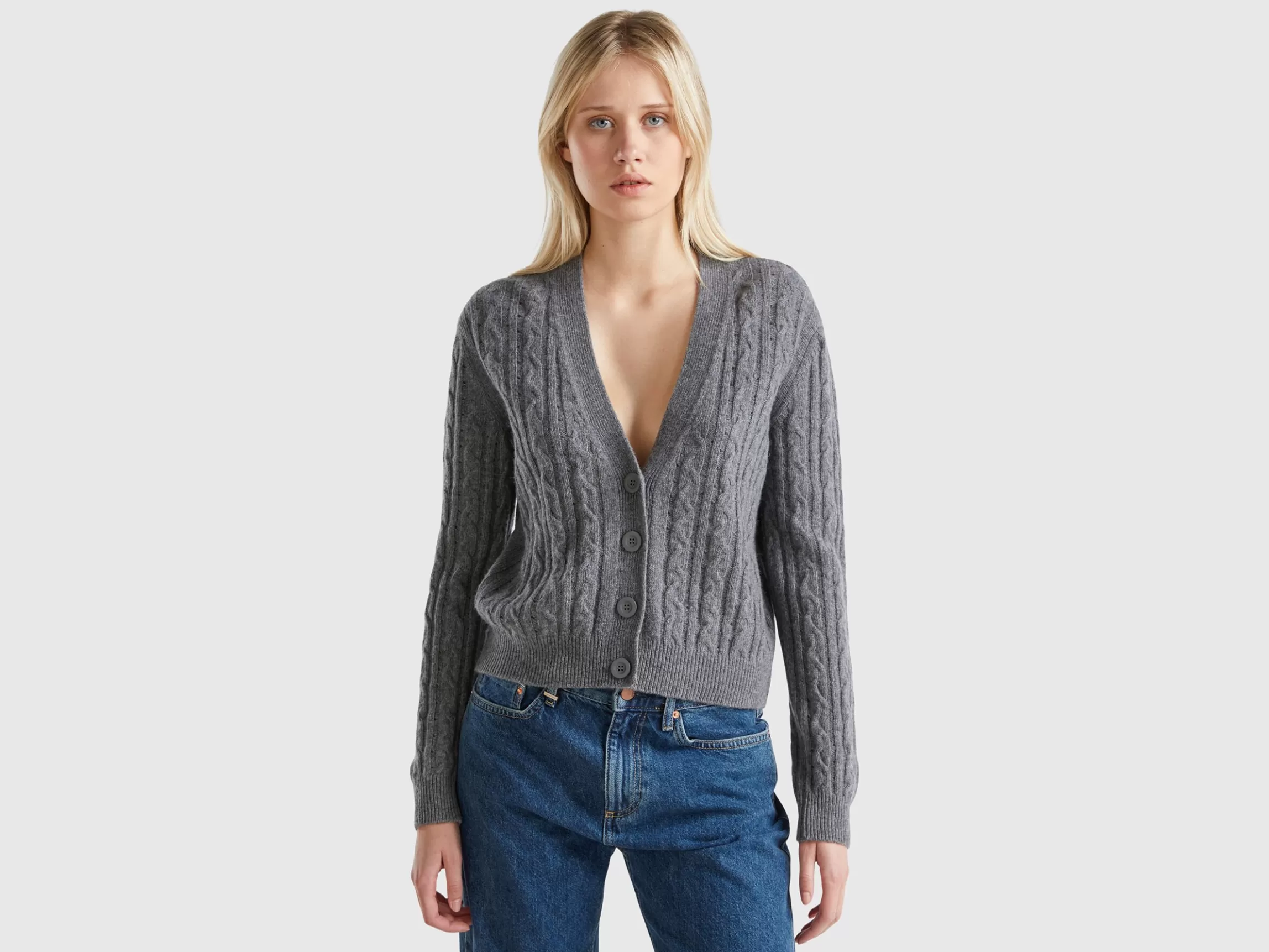 United Colors of Benetton Boxy fit cardigan with cable knit and perforations