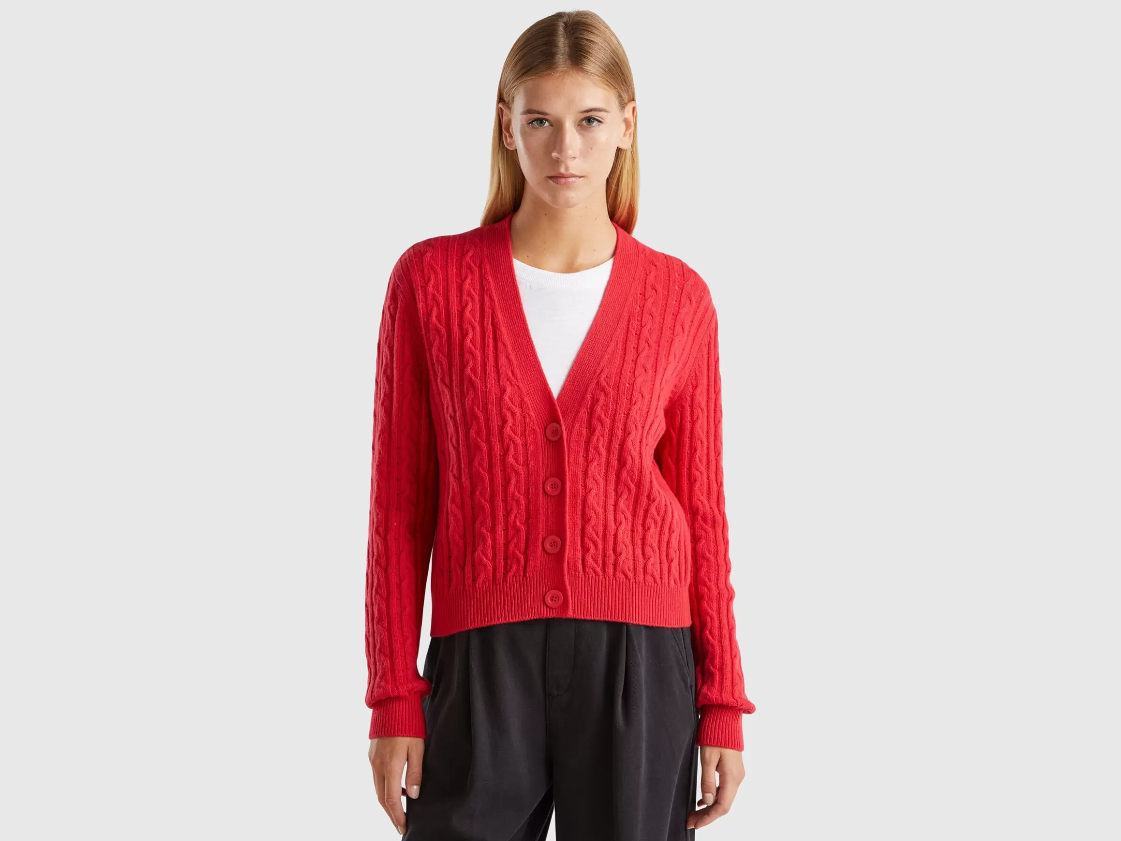 United Colors of Benetton Boxy fit cardigan with cable knit and perforations