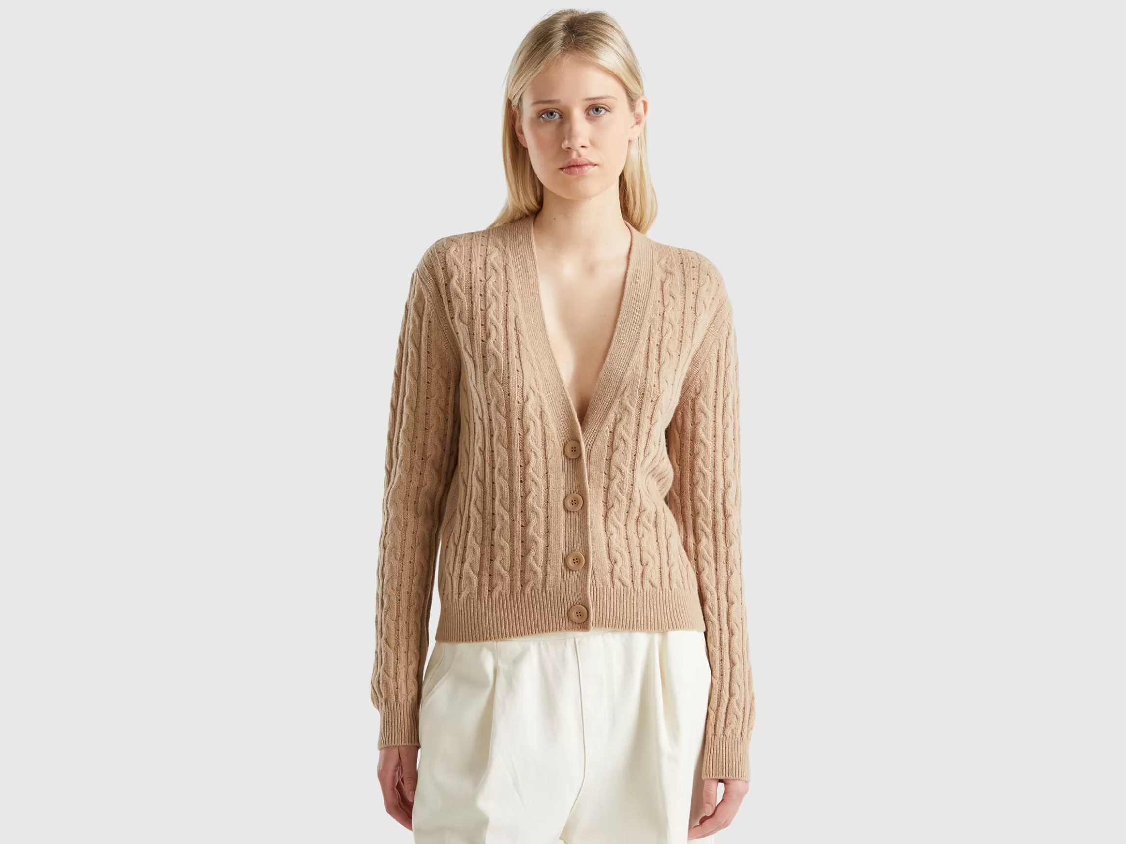 United Colors of Benetton Boxy fit cardigan with cable knit and perforations