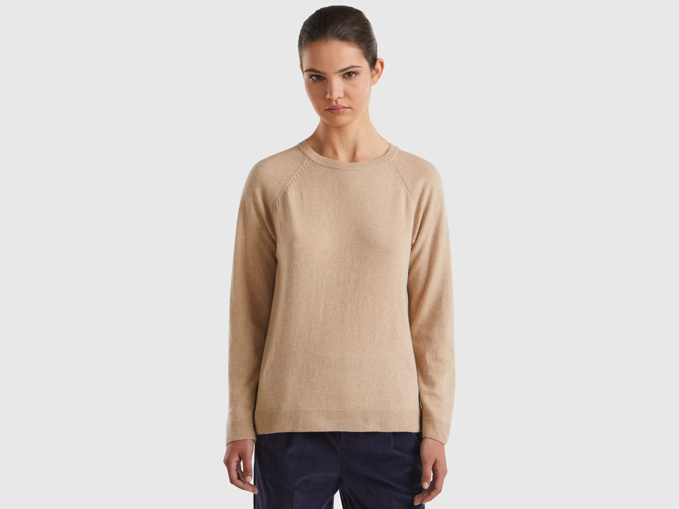 United Colors of Benetton Camel crew neck sweater in cashmere and wool blend