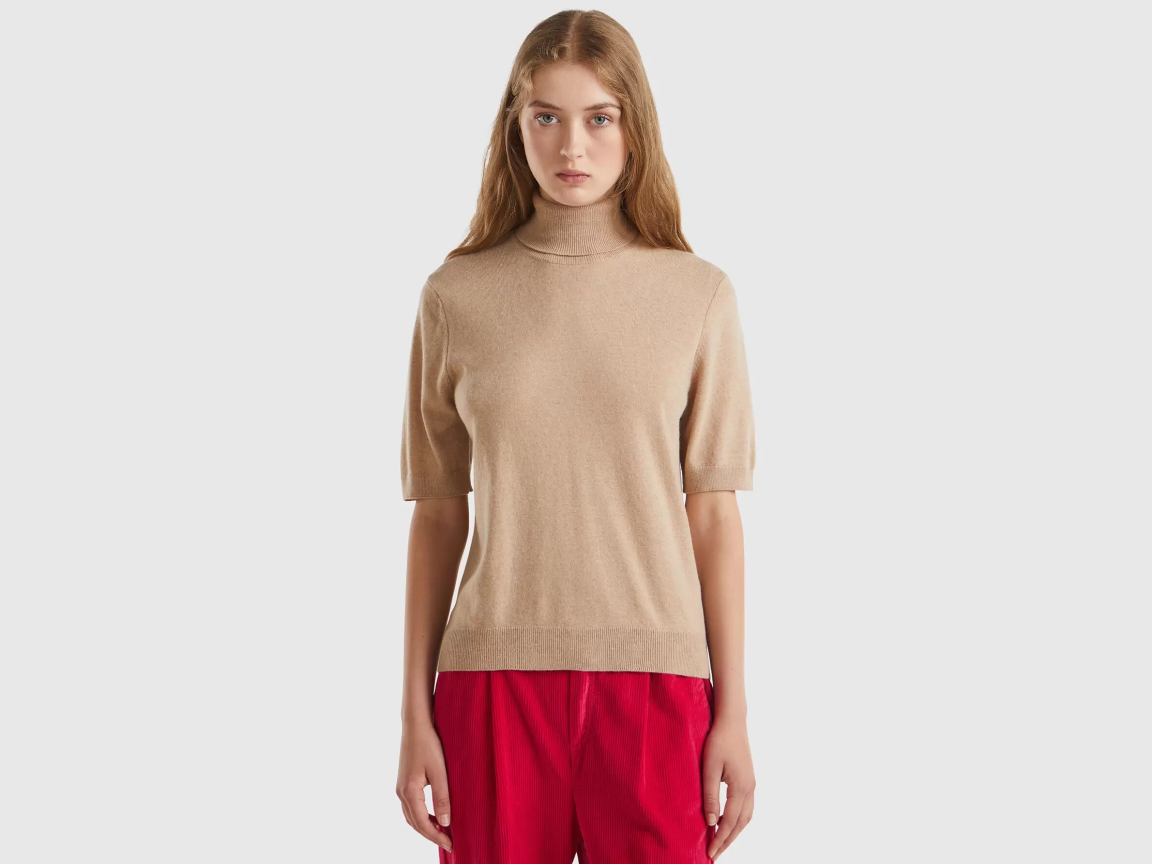 United Colors of Benetton Camel short sleeve turtleneck in cashmere blend