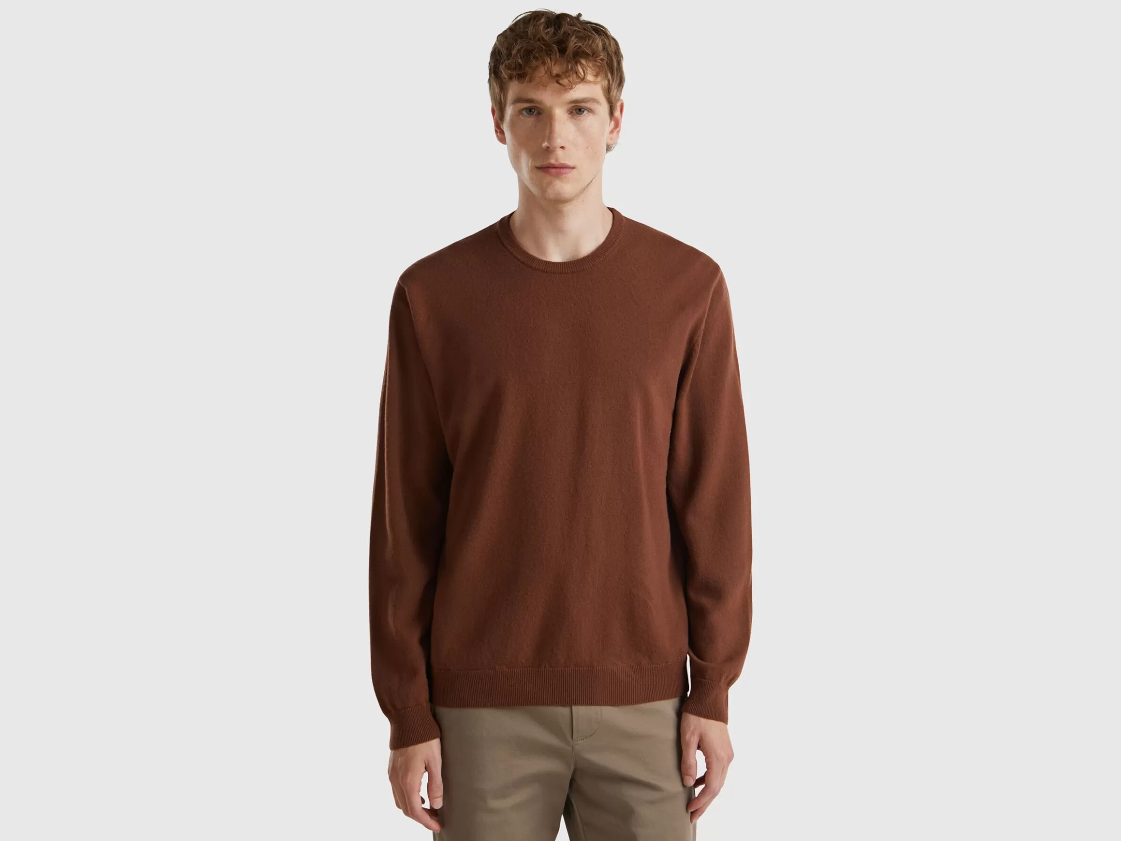 United Colors of Benetton Coffee crew neck sweater in pure Merino wool