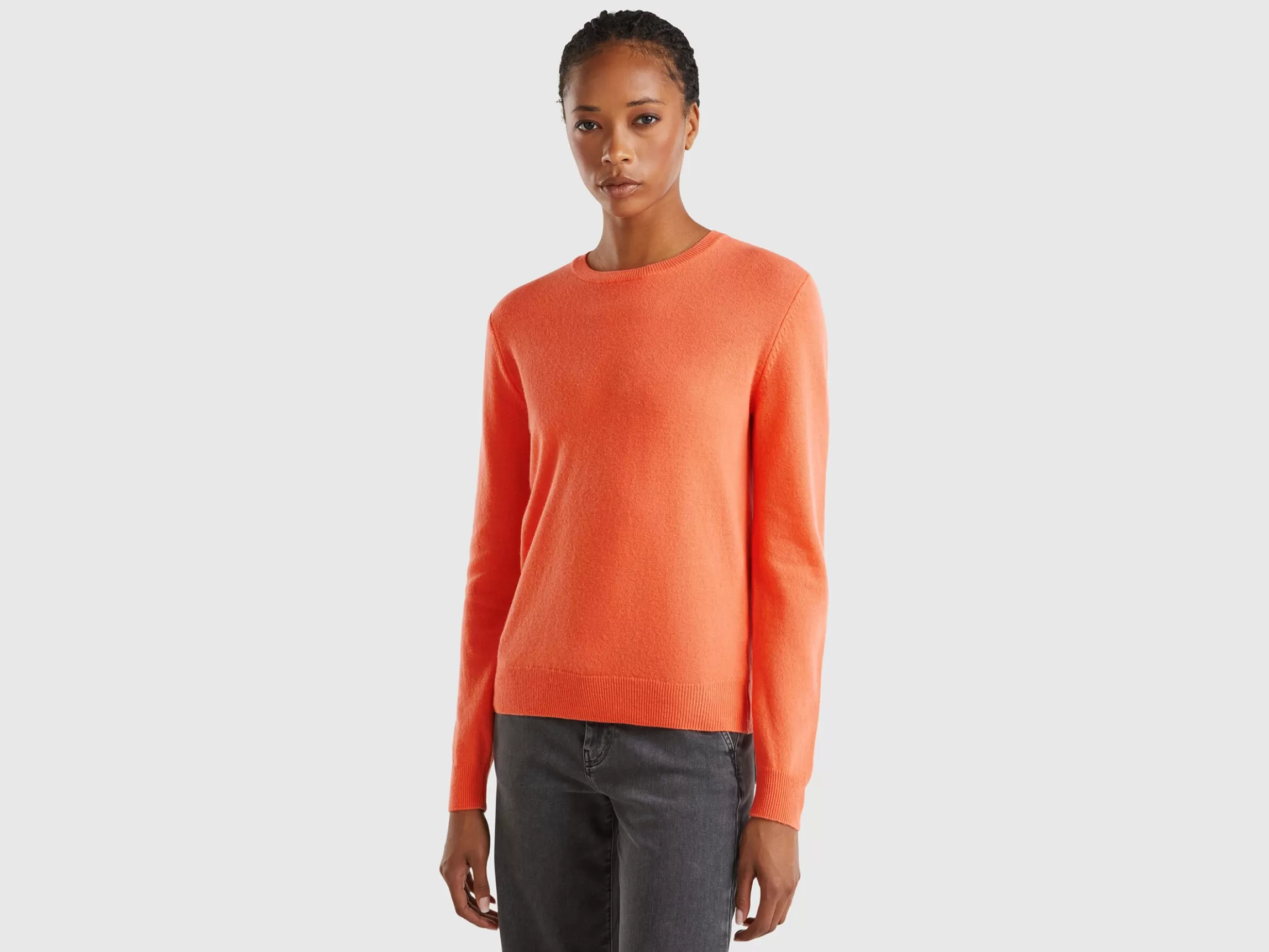 United Colors of Benetton Coral red crew neck sweater in pure Merino wool