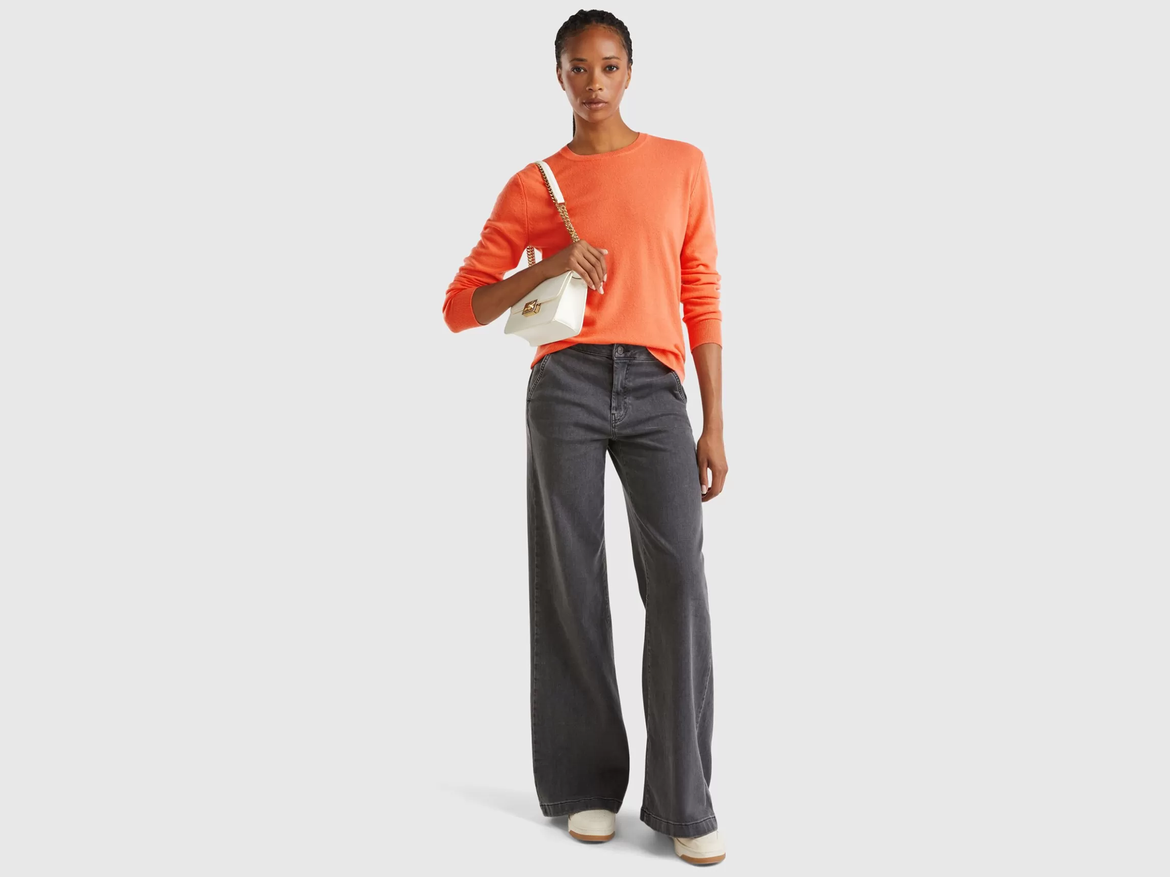 United Colors of Benetton Coral red crew neck sweater in pure Merino wool