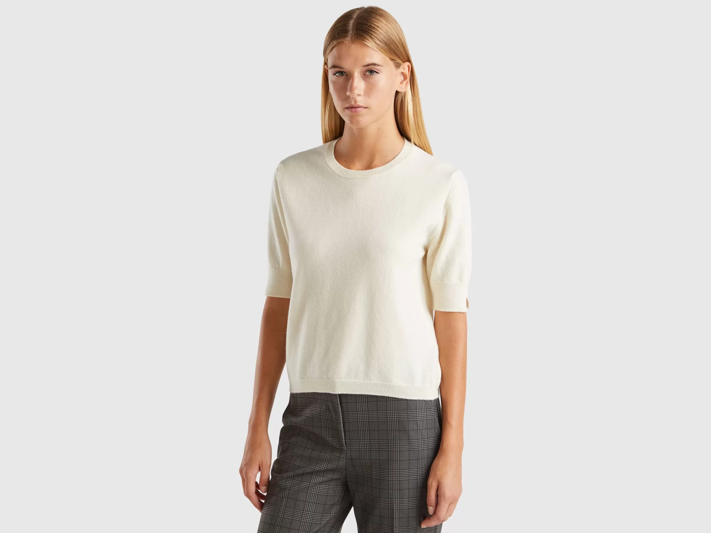 United Colors of Benetton Cream short sleeve sweater in pure Merino wool