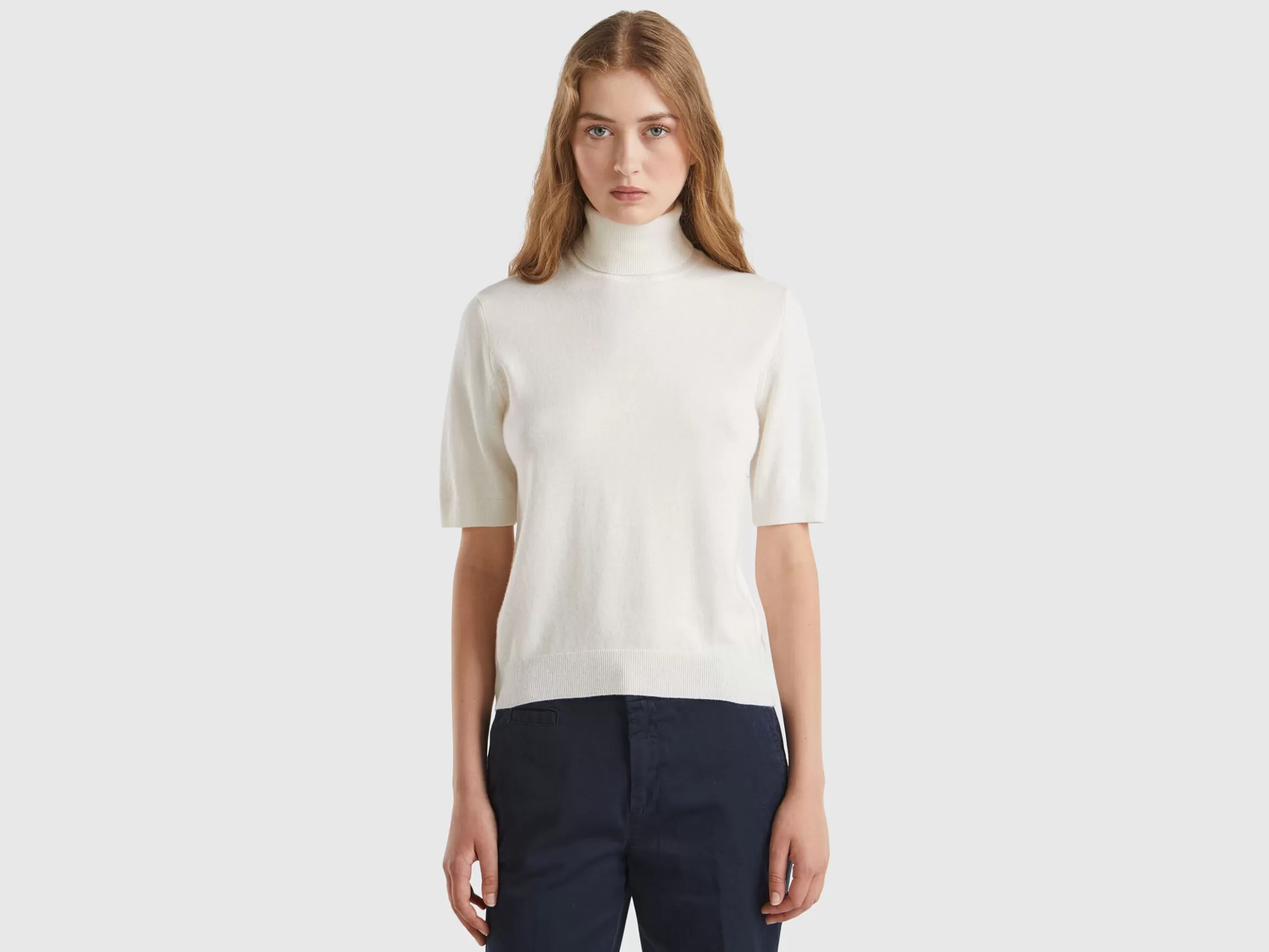 United Colors of Benetton Cream white short sleeve turtleneck in cashmere blend