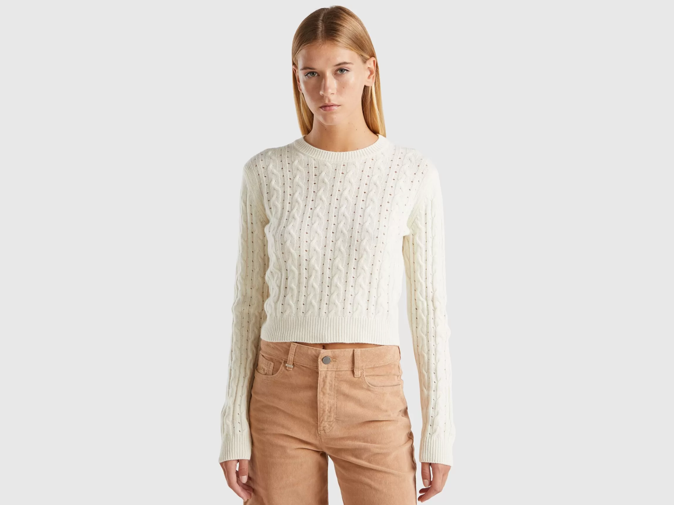 United Colors of Benetton Cropped sweater with cable knit and perforations