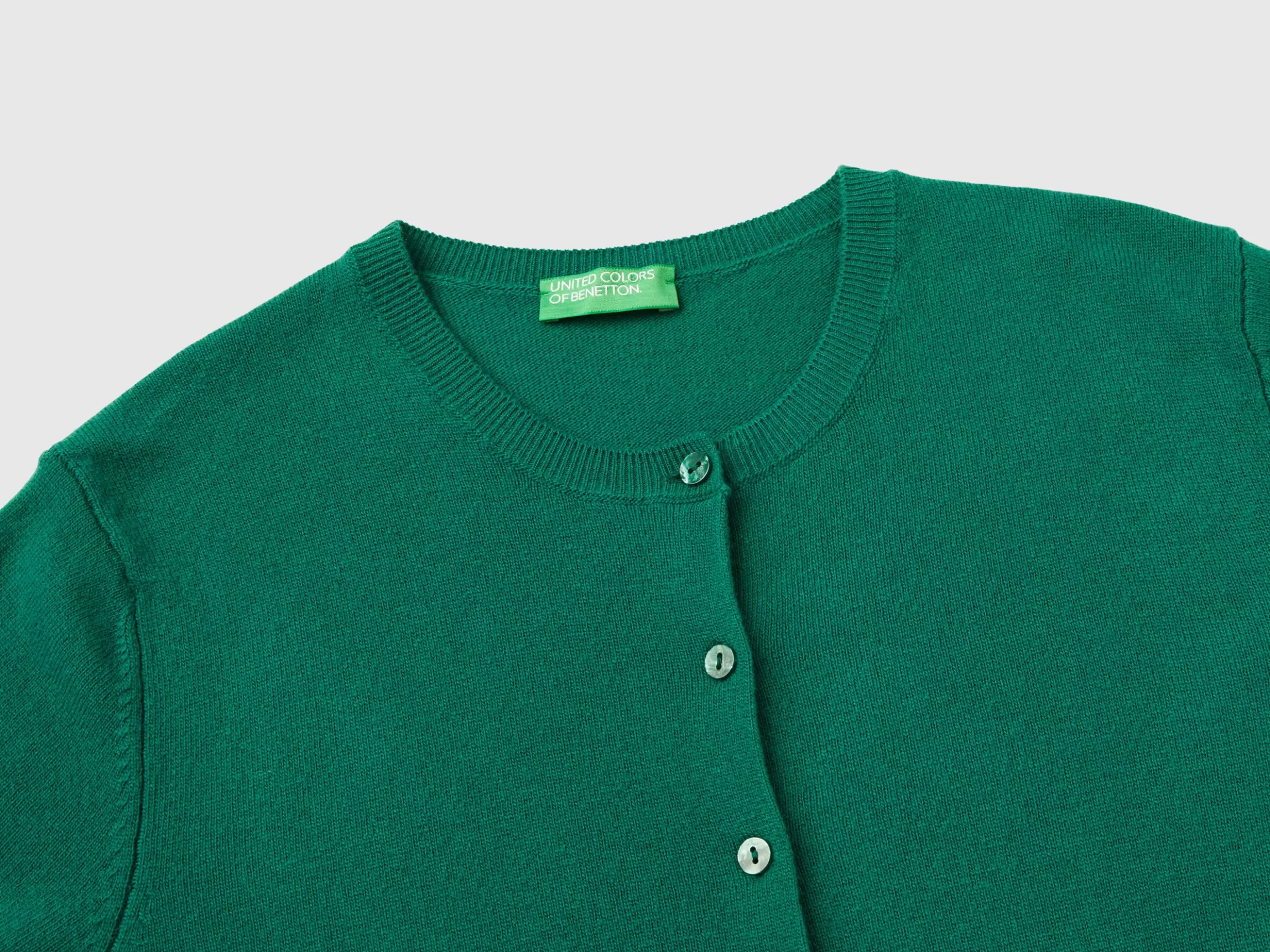 United Colors of Benetton Forest green crew neck cardigan in pure Merino wool