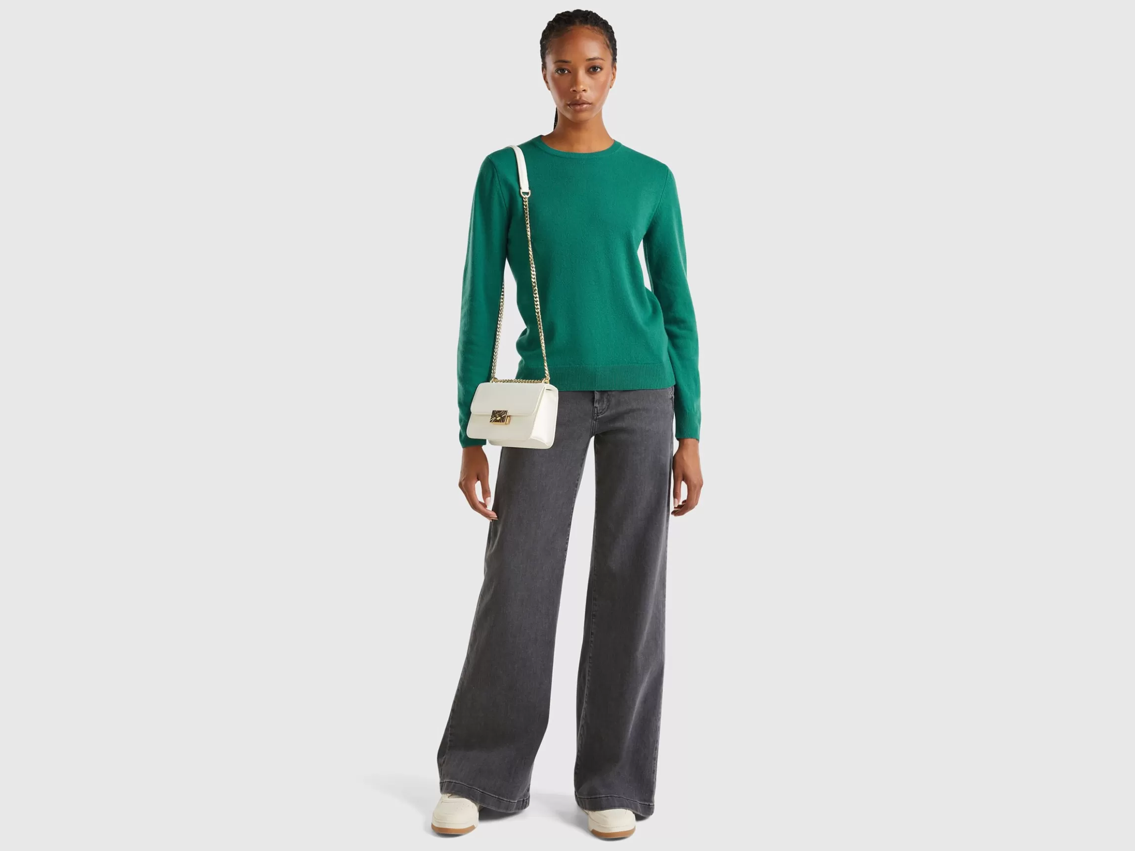 United Colors of Benetton Forest green crew neck sweater in pure Merino wool