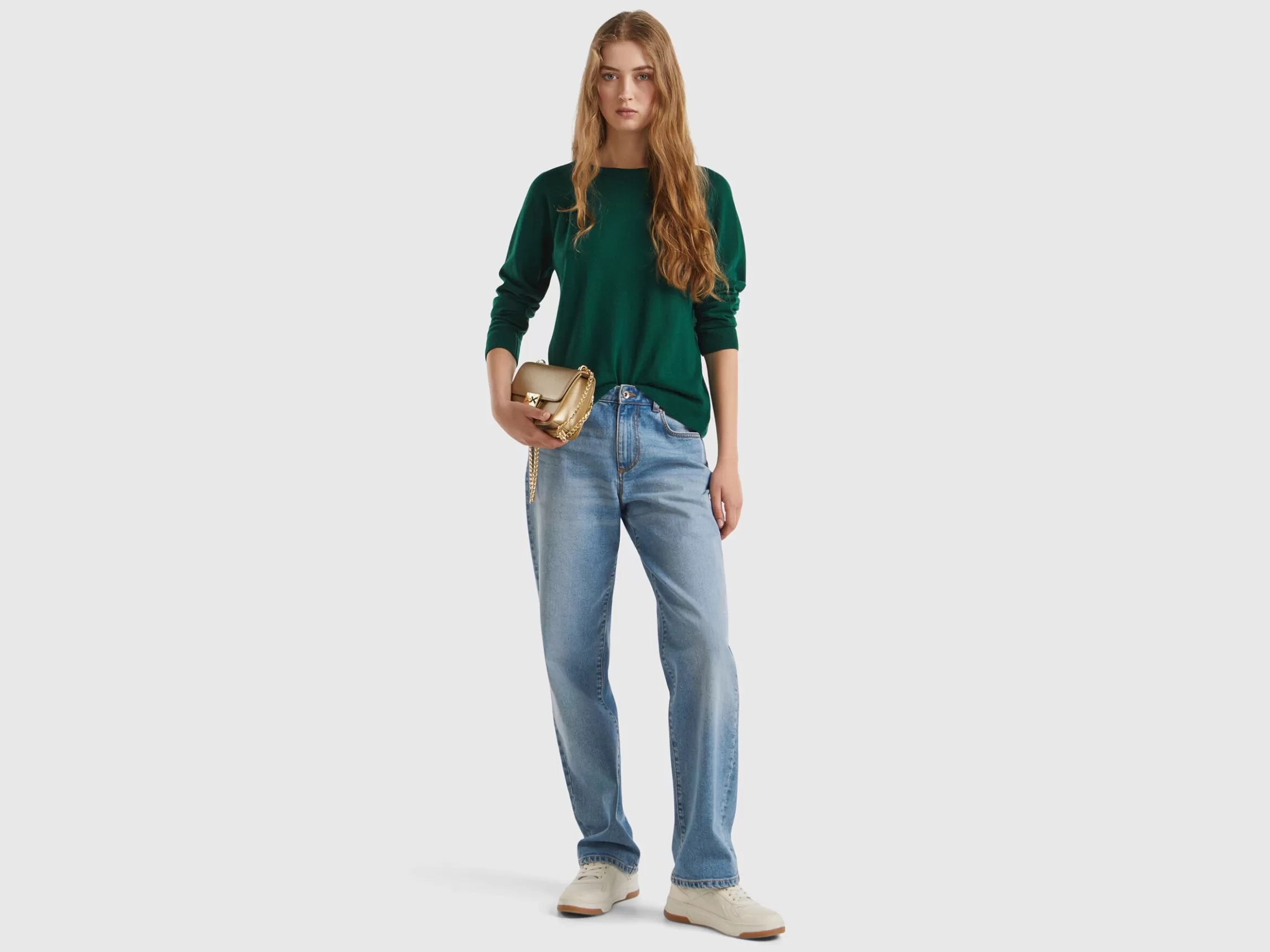 United Colors of Benetton Forest green crew neck sweater in wool and cashmere blend