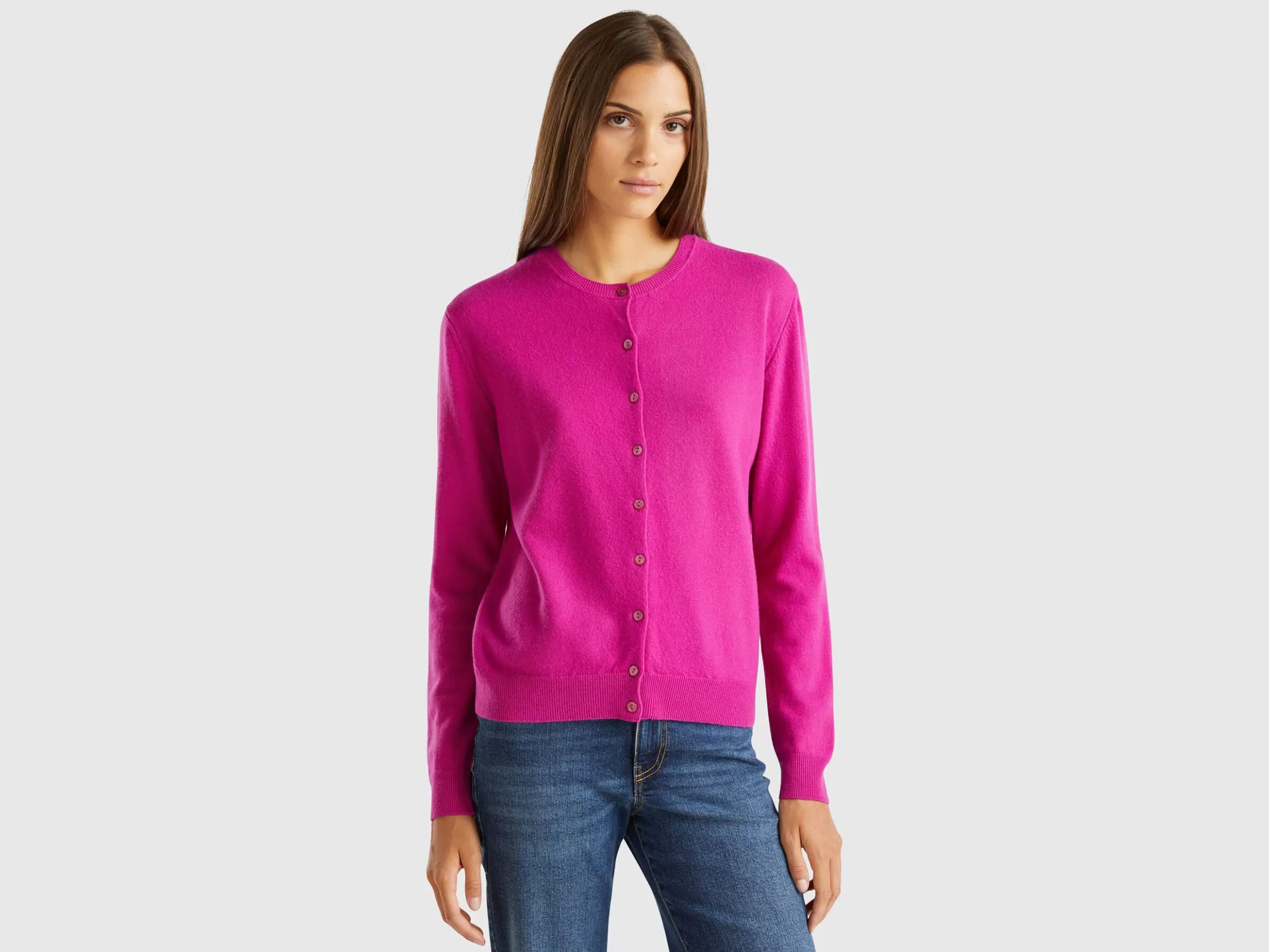 United Colors of Benetton Fuchsia crew neck cardigan in pure Merino wool