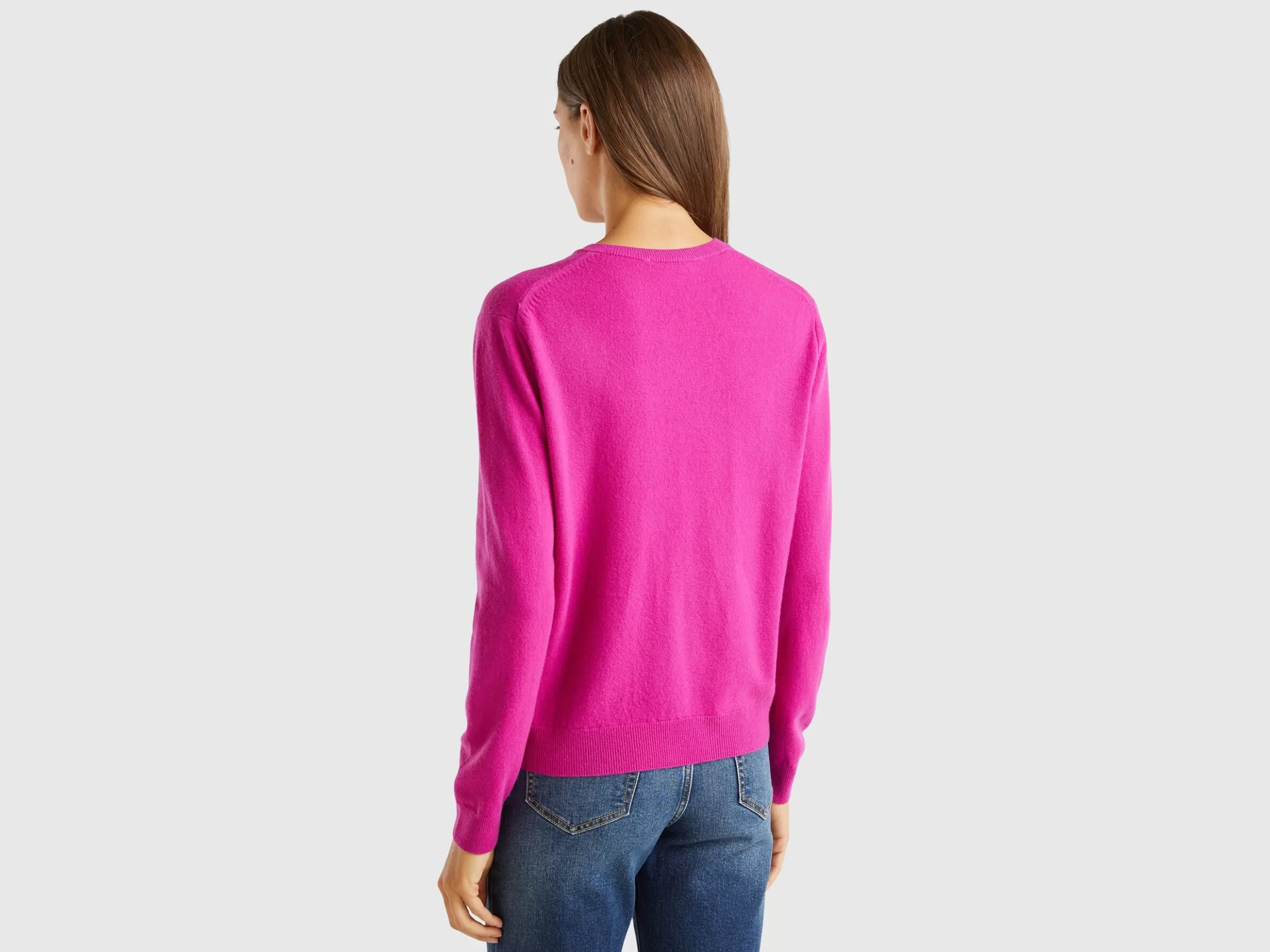 United Colors of Benetton Fuchsia crew neck cardigan in pure Merino wool