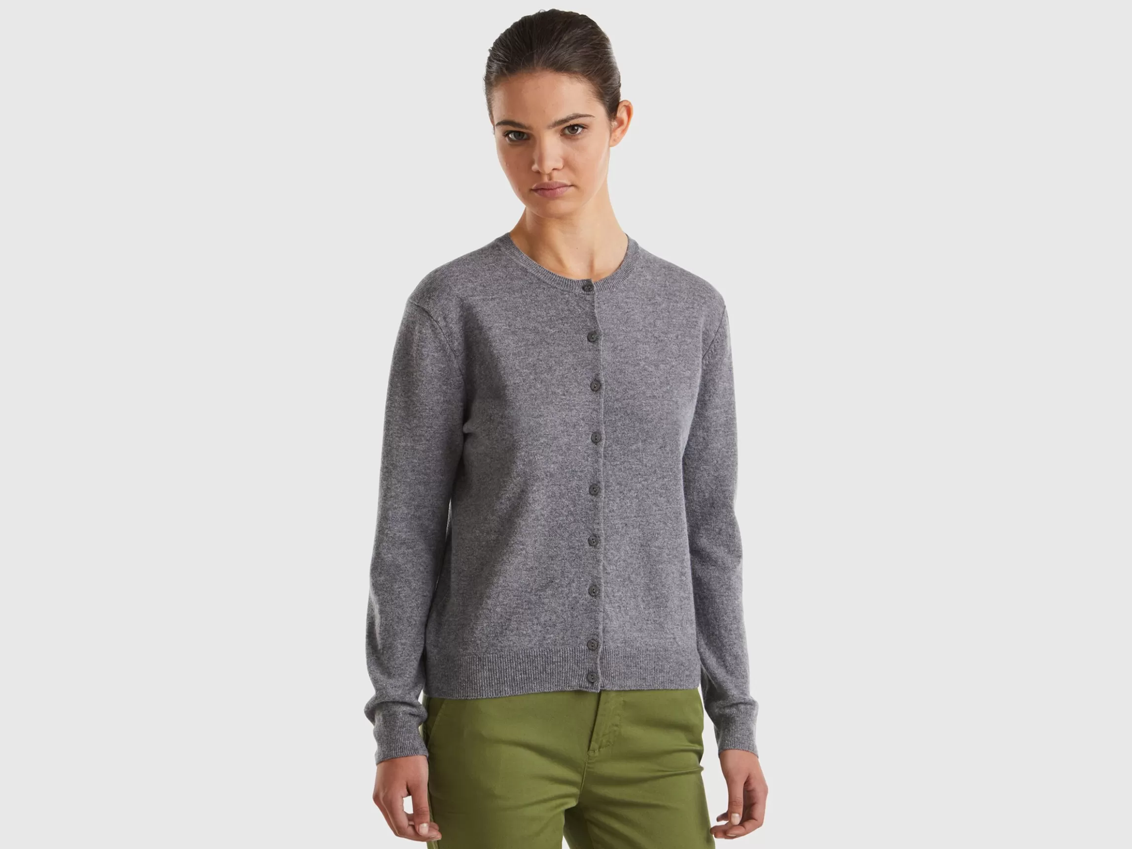 United Colors of Benetton Gray crew neck cardigan in pure Merino wool