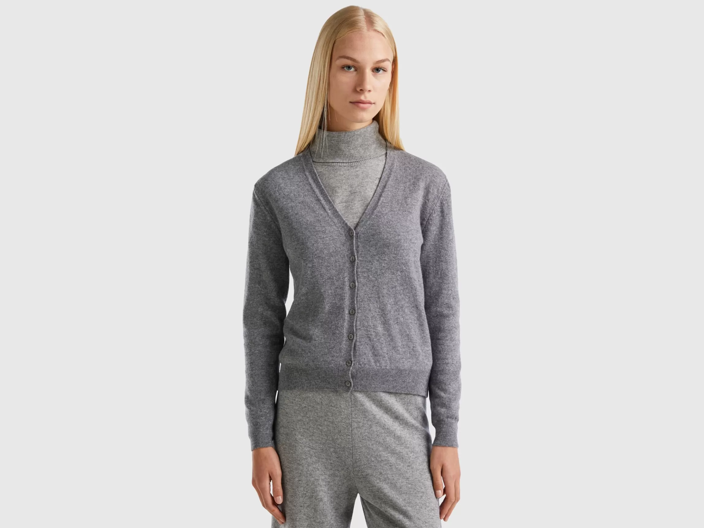 United Colors of Benetton Gray V-neck cardigan in pure Merino wool