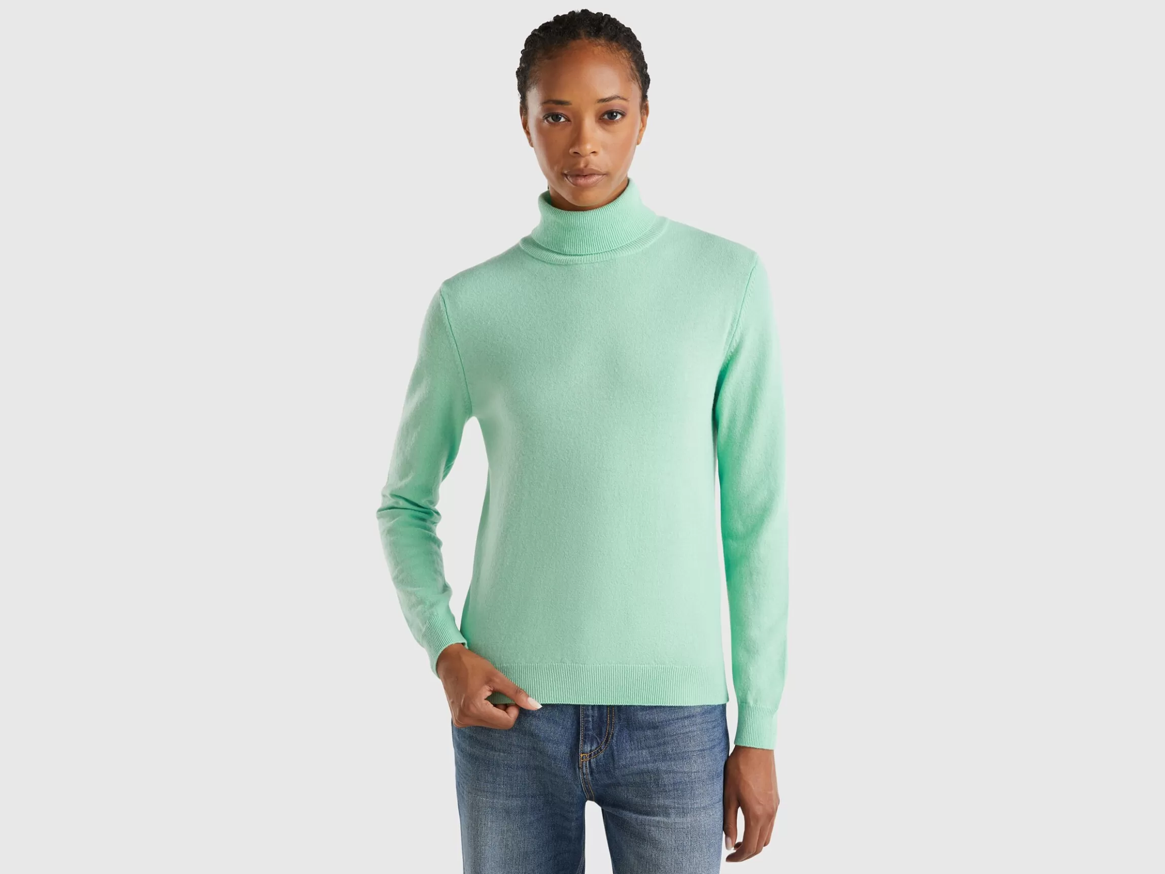 United Colors of Benetton Light teal turtleneck sweater in pure Merino wool