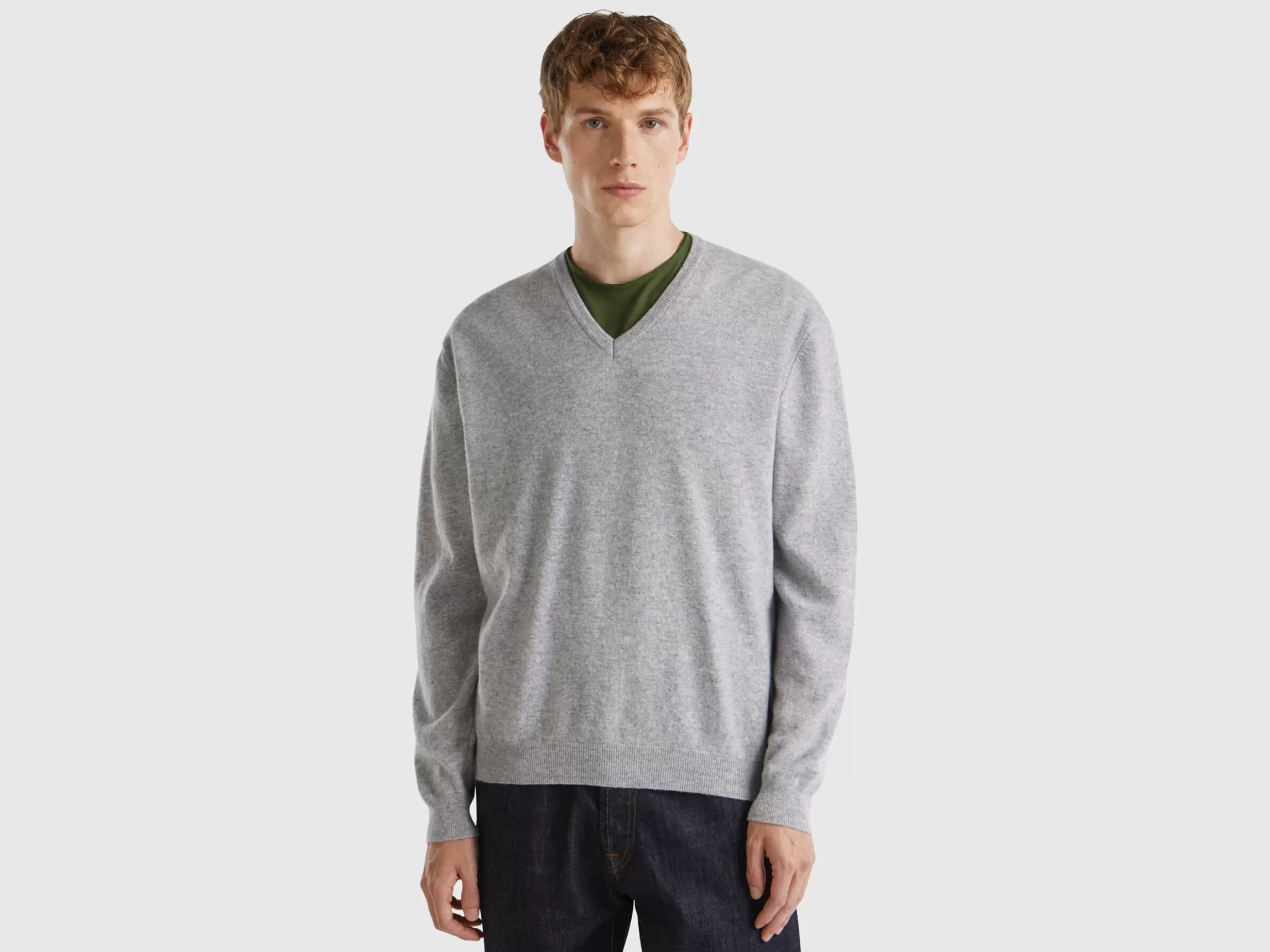 United Colors of Benetton Marl gray V-neck sweater in pure Merino wool