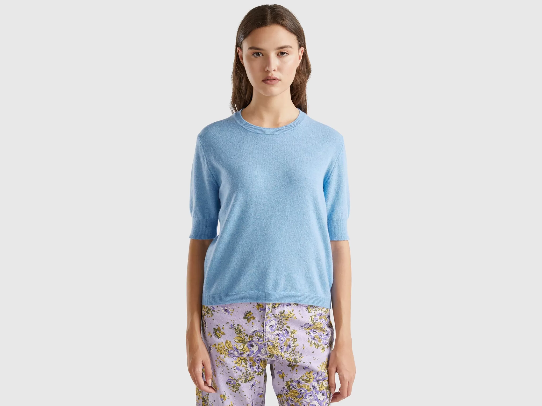 United Colors of Benetton Marl sky blue short sleeve sweater in pure Merino wool