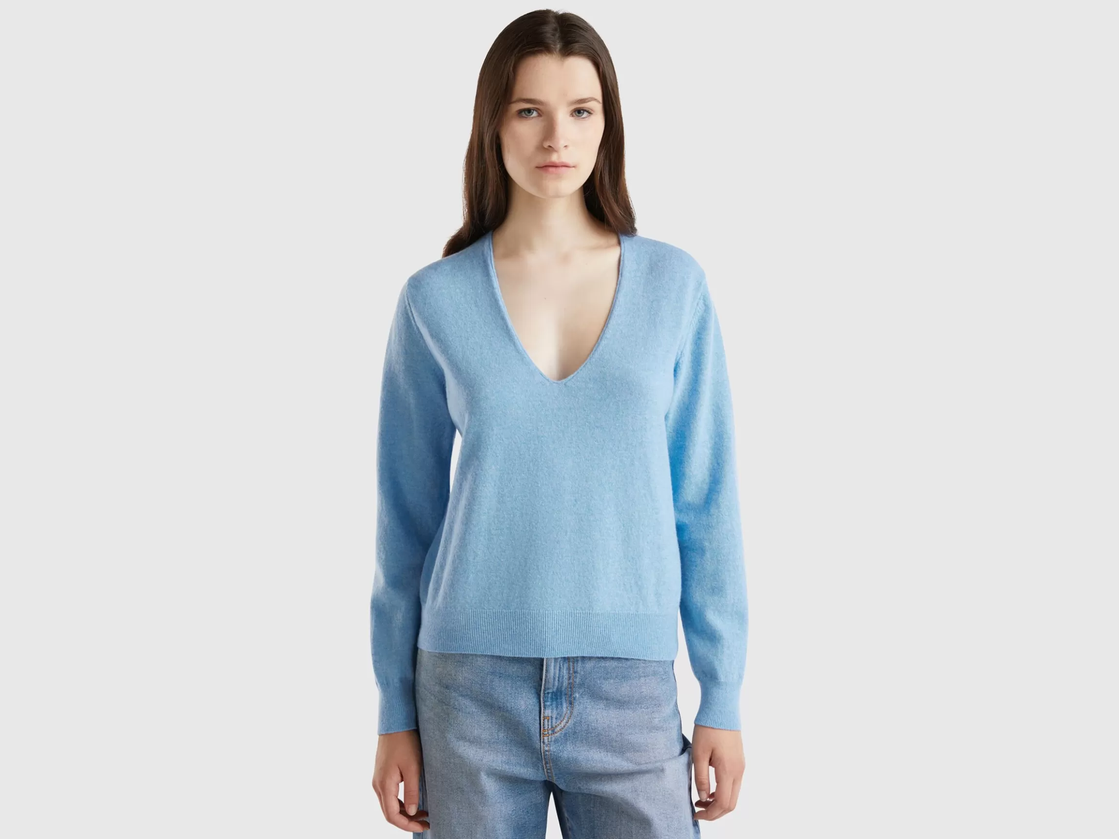 United Colors of Benetton Marl sky blue V-neck sweater in pure Merino wool