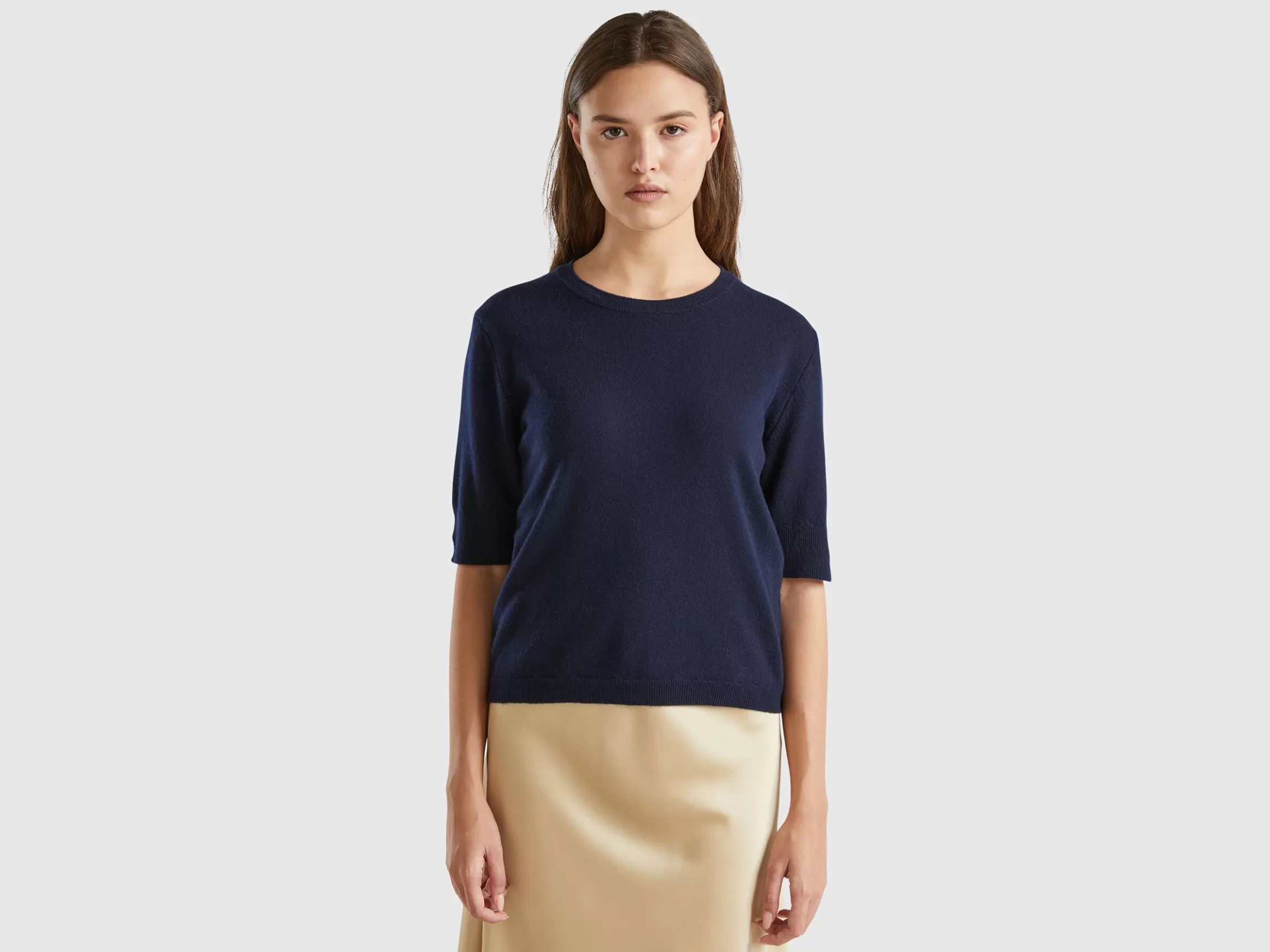 United Colors of Benetton Midnight blue short sleeve sweater in pure Merino wool