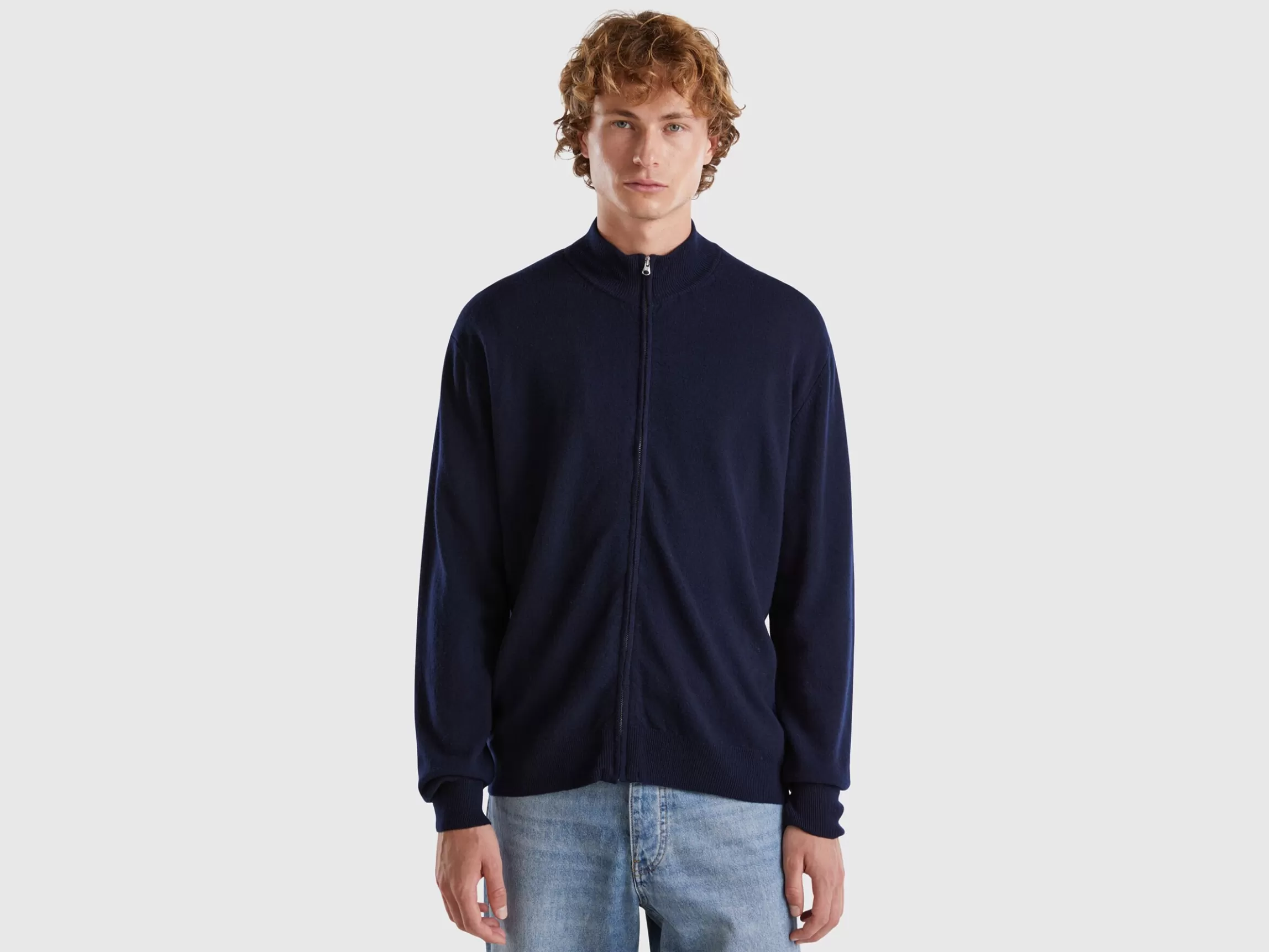 United Colors of Benetton Midnight blue zip-up cardigan in pure Merino wool