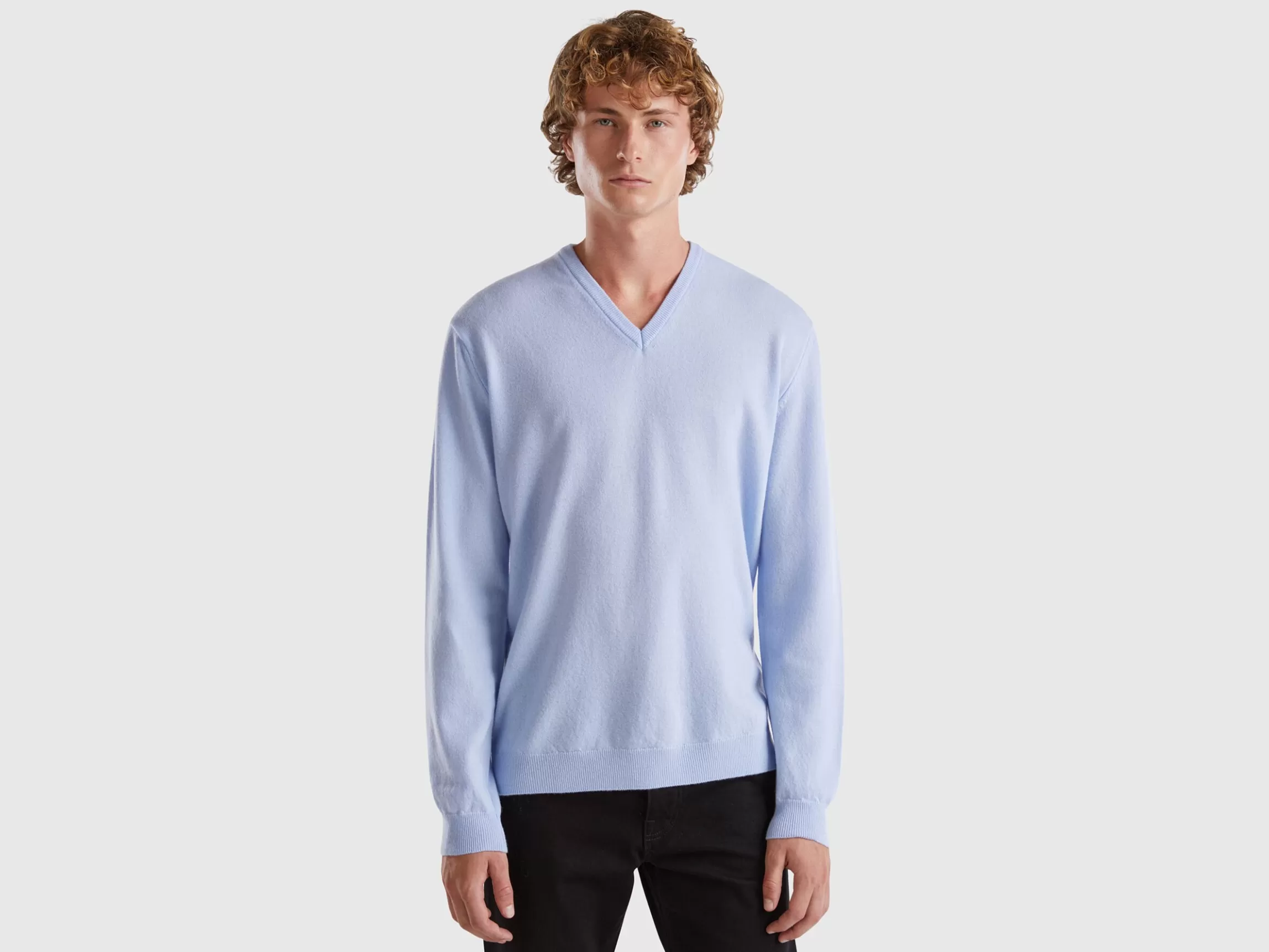 United Colors of Benetton Ocean blue V-neck sweater pure Merino wool