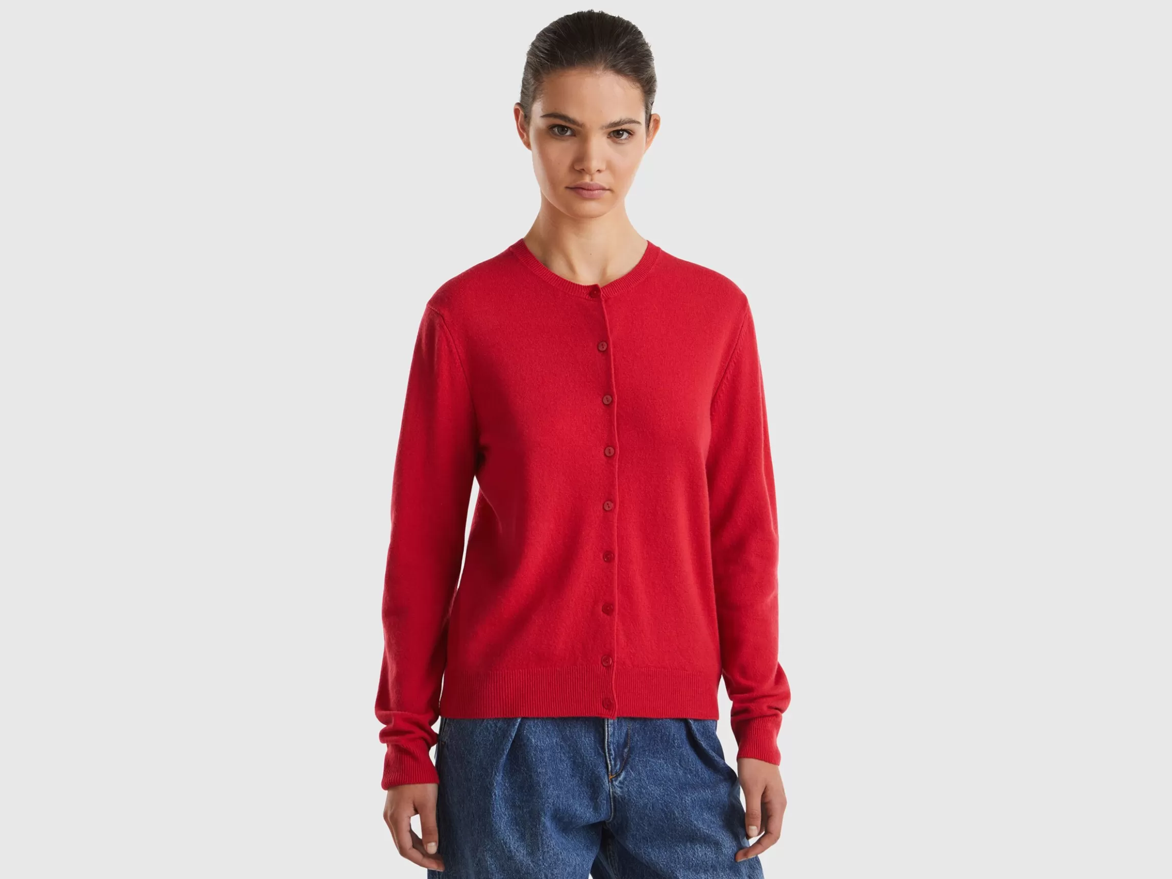 United Colors of Benetton plum crew neck cardigan in pure Merino wool