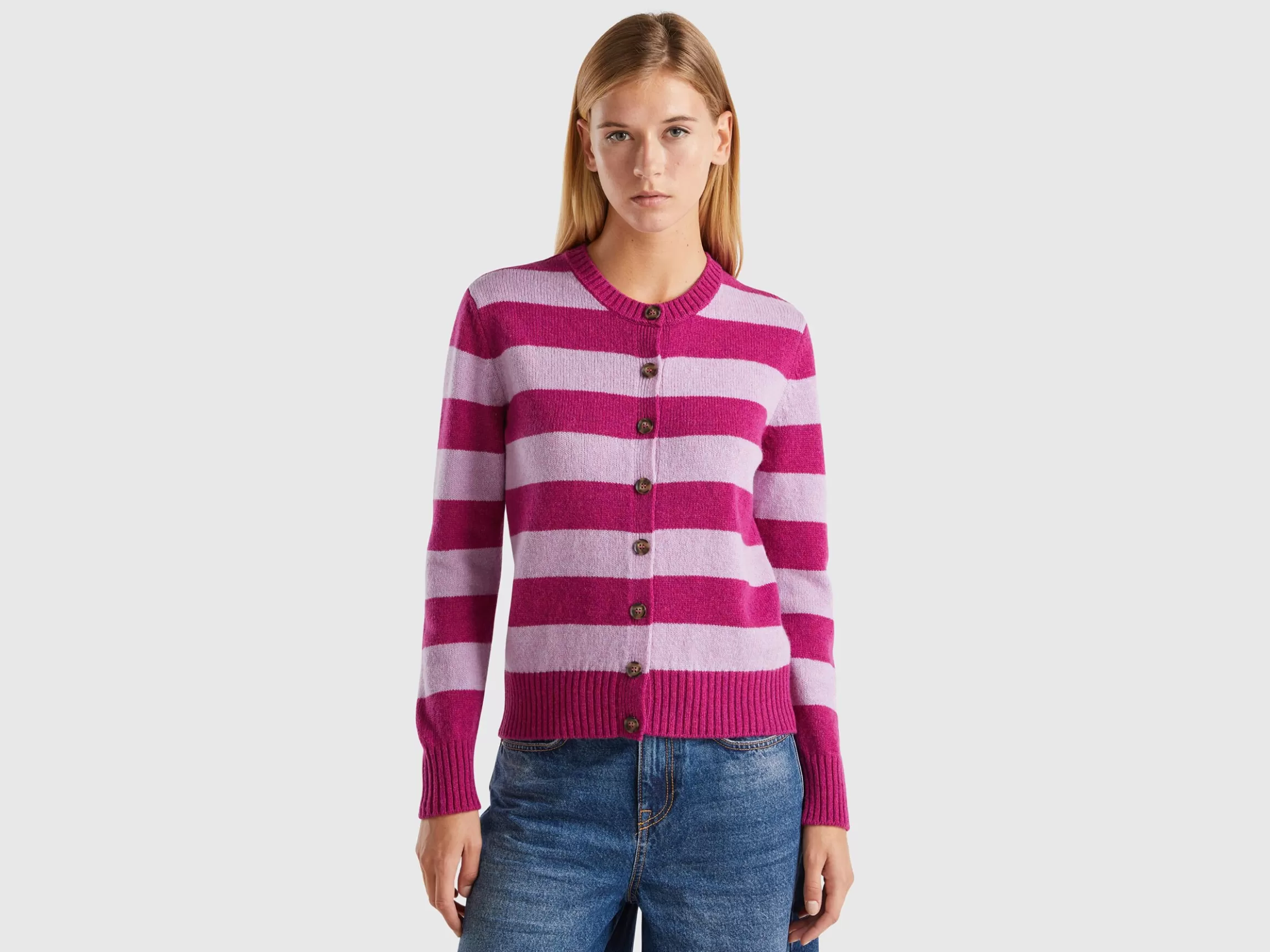 United Colors of Benetton Striped cardigan in pure Shetland wool