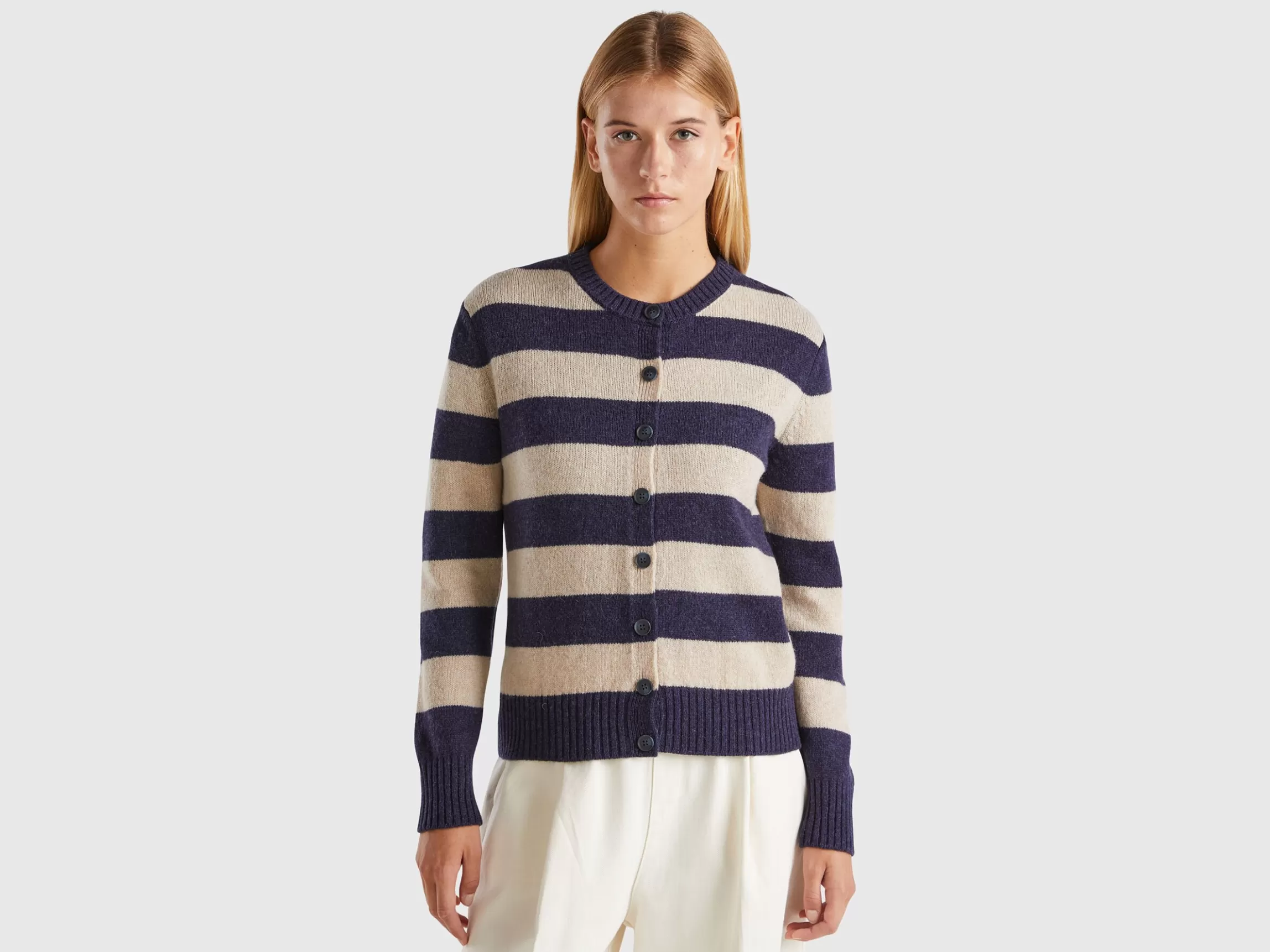 United Colors of Benetton Striped cardigan in pure Shetland wool