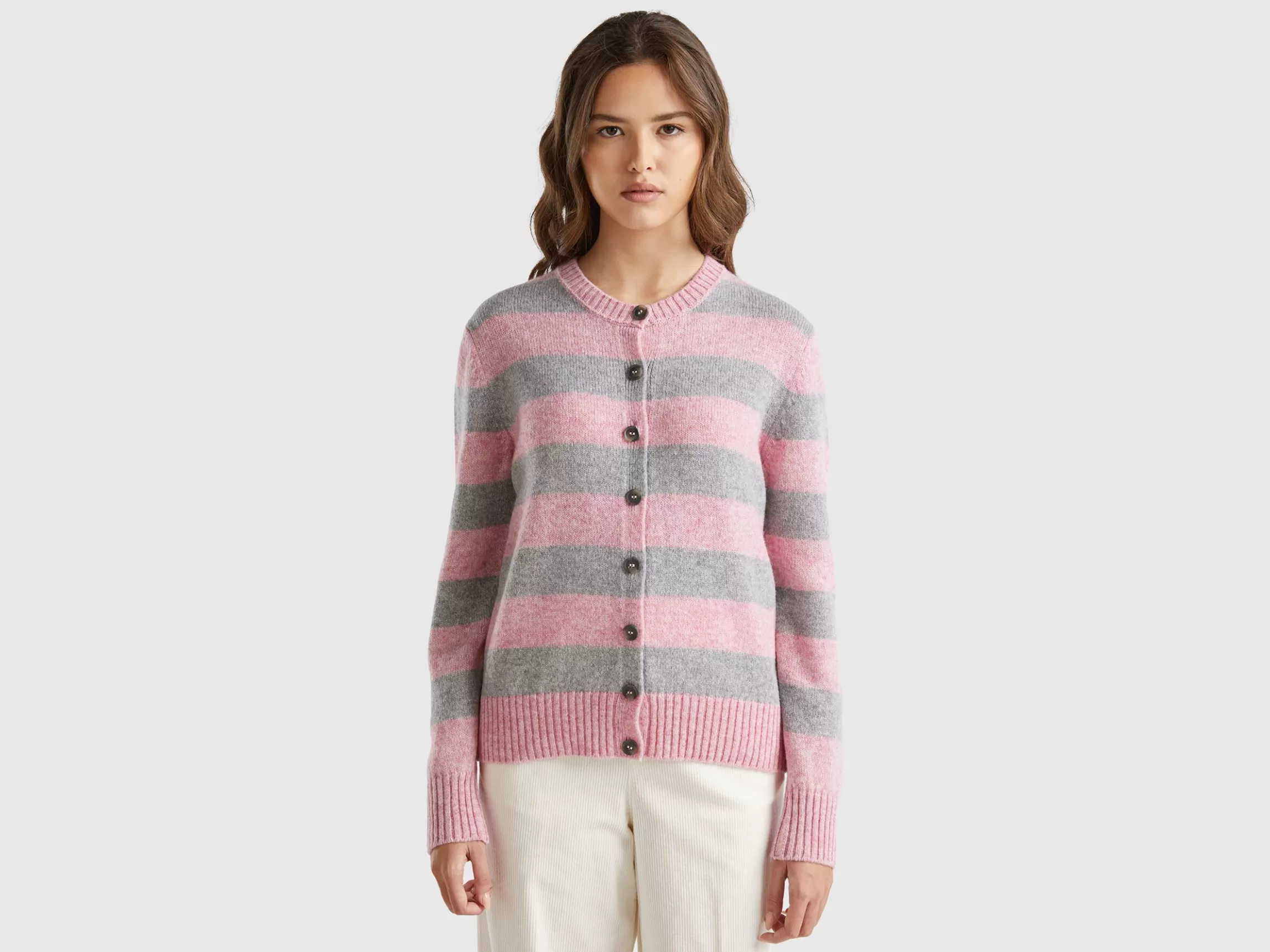 United Colors of Benetton Striped cardigan in pure Shetland wool