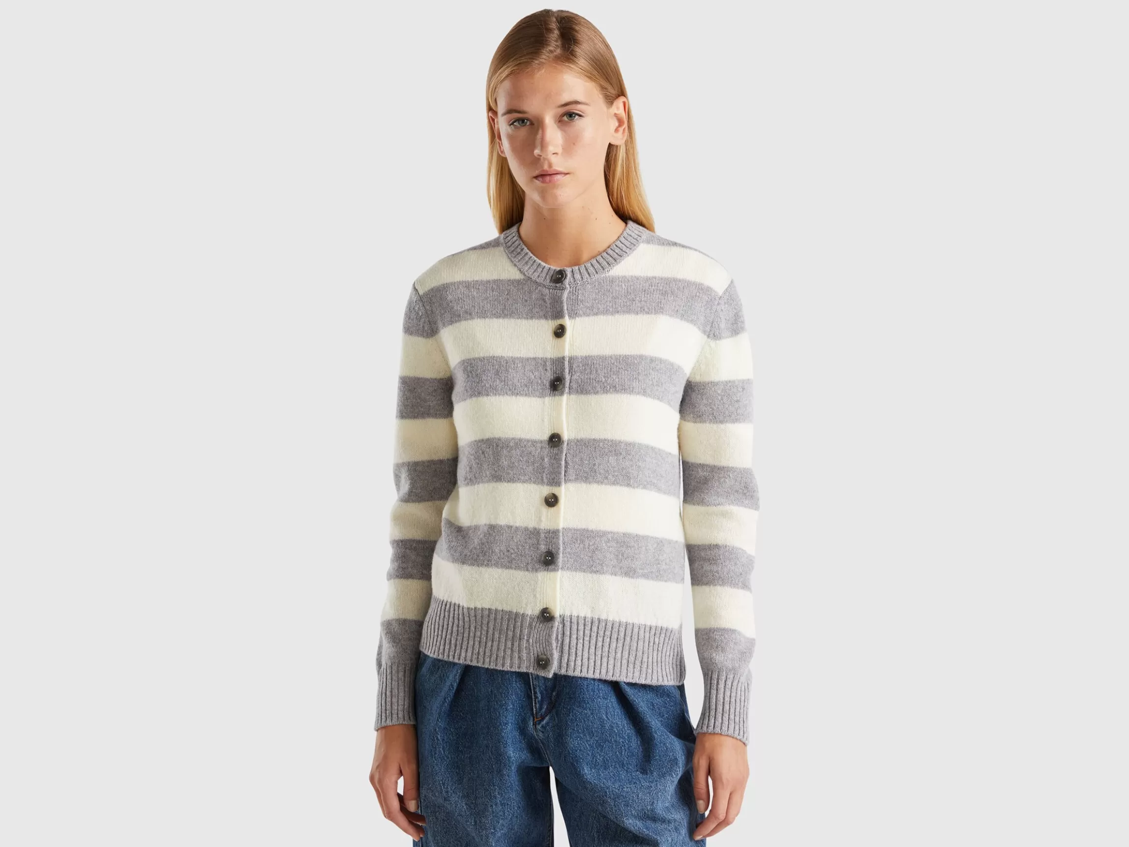 United Colors of Benetton Striped cardigan in pure Shetland wool